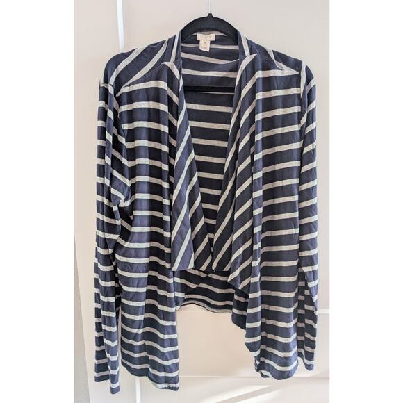 J. Crew Always Cascading Cardigan XXL Navy Blue Striped Sweater Waterfall Cotton - Picture 2 of 5